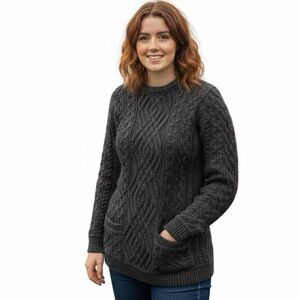 Inis Crafts Irish Merino Wool Cable Knit Sweater Pockets Crew Neck Heavy Grey S